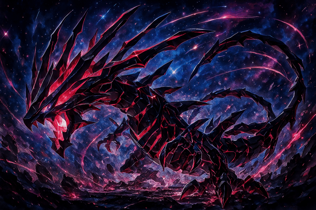 星空の下で吠えるムゲンダイナ風モンスターのイラスト