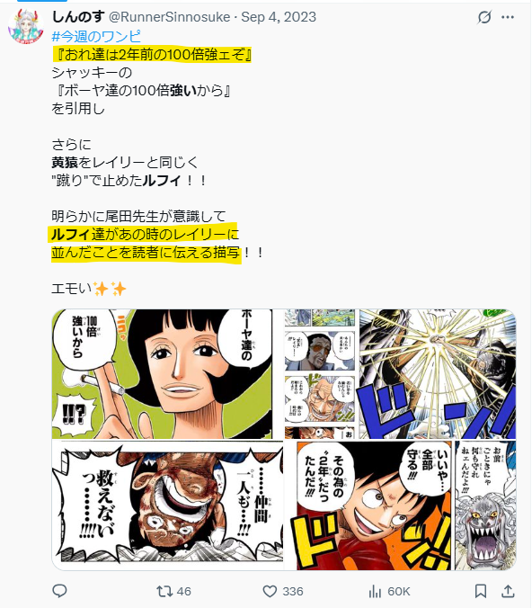 ルフィが黄猿に2年前の100倍強いと言っているのと2年前にシャッキーがレイリーはルフィの100倍強いといってることから、ルフィがレイリーに追いついたというXの投稿画像