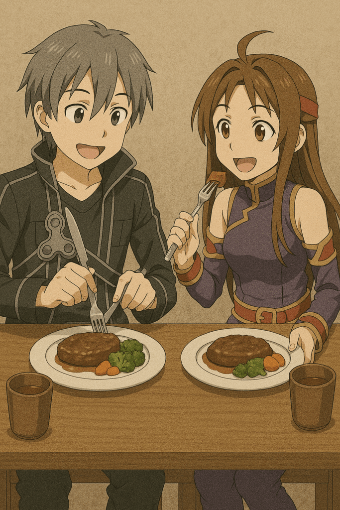偽物のキリトとユウキが食事している画像