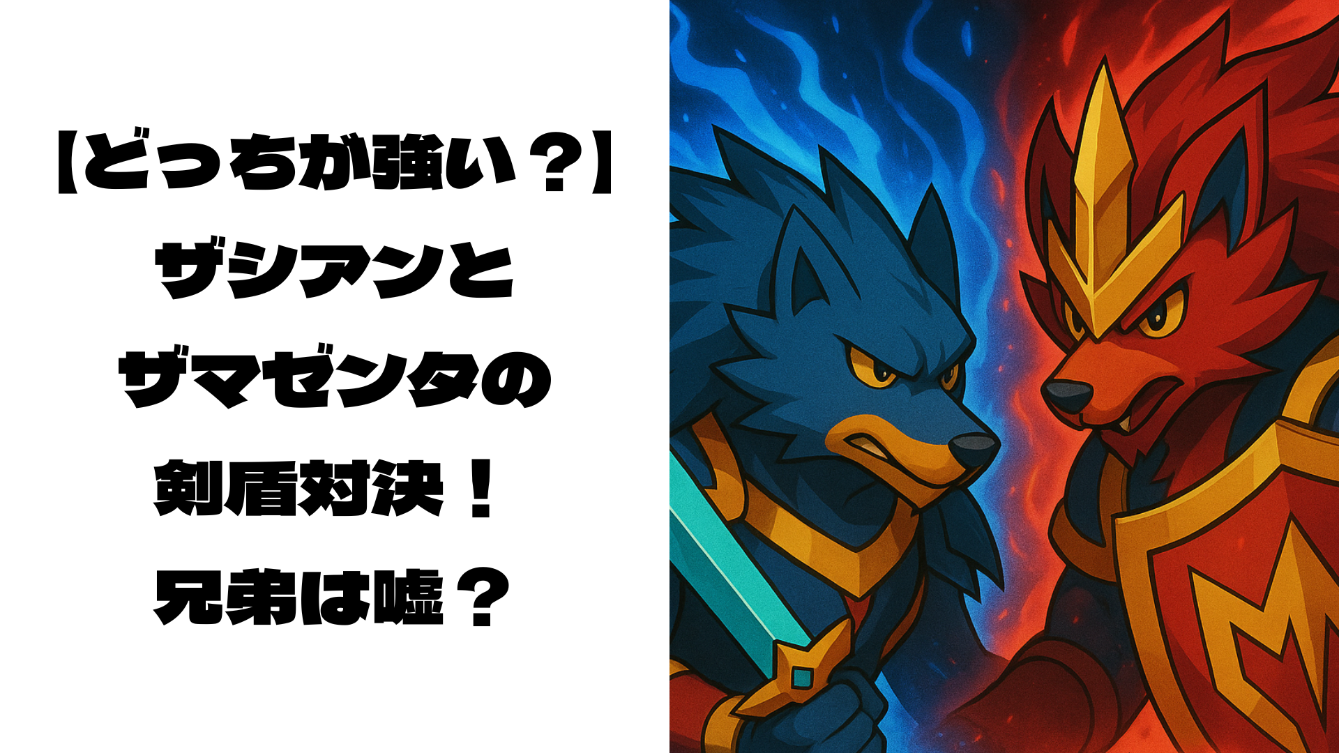 向かい合って闘志を燃やすザシアンとザマゼンタ風モンスター