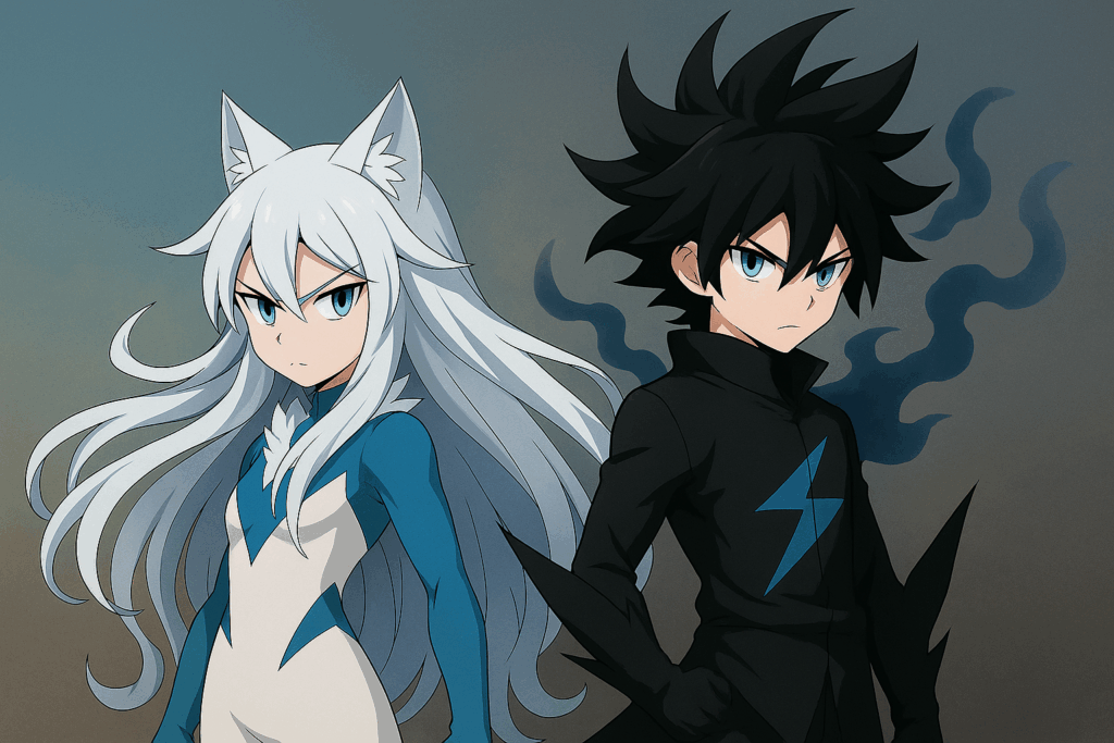 背中合わせの白フォノウと黒フォノウ風キャラクター