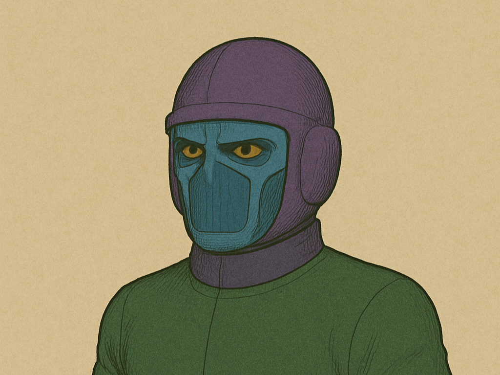 カーン風の青いマスクに紫のヘルメットをかぶったキャラクター画像