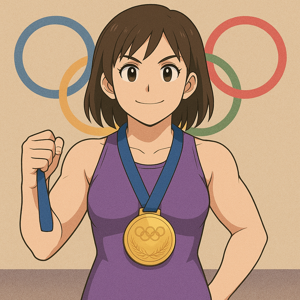 藤波朱里選手をイメージし、オリンピック獲得したで金メダルを1つ持っている風のイラスト画像