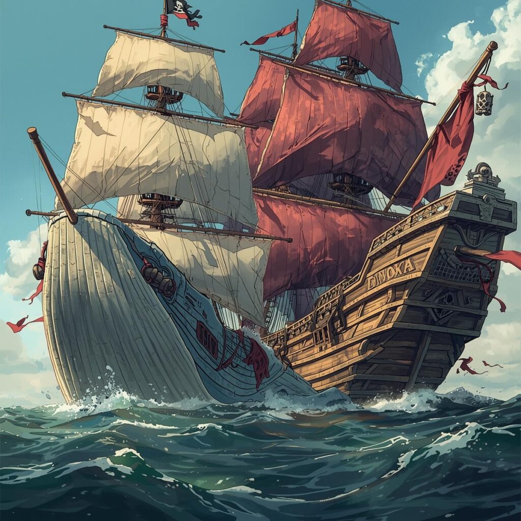 ロジャーと白ひげの船が二艘、海に浮いているイラスト