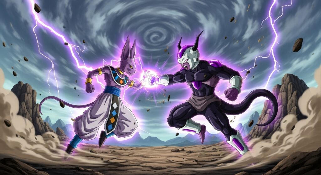 破壊神ビルスとブラックフリーザがこぶしを合わせて戦っているイメージ画像