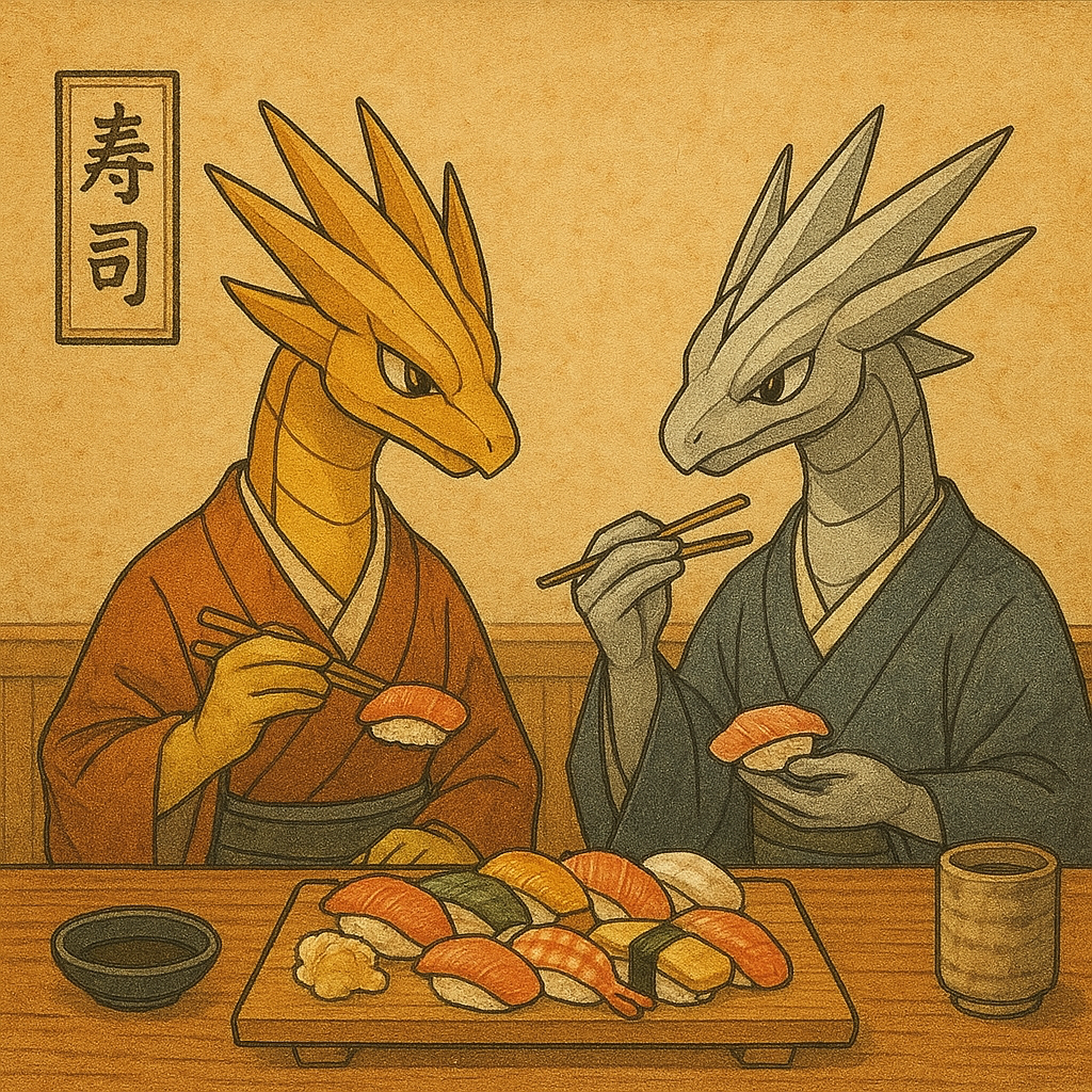 偽物のミライドンとコライドンがお寿司屋さんでサーモンを食べている風の画像