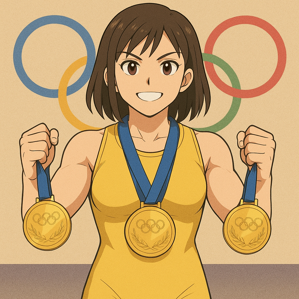吉田沙保里選手をイメージし、オリンピック獲得したで金メダルを3つ持っている風のイラスト画像