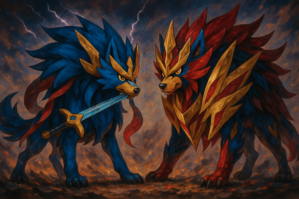 剣を咥えたザシアン風モンスターと並ぶザマゼンタ風モンスター