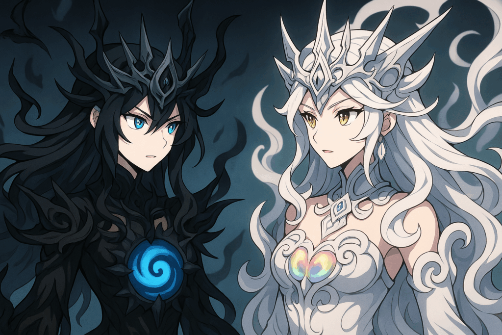 向かい合うイザナギとイザナミ風キャラクター