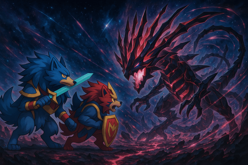 ムゲンダイナ風モンスターに挑むザシアンとザマゼンタ風モンスター
