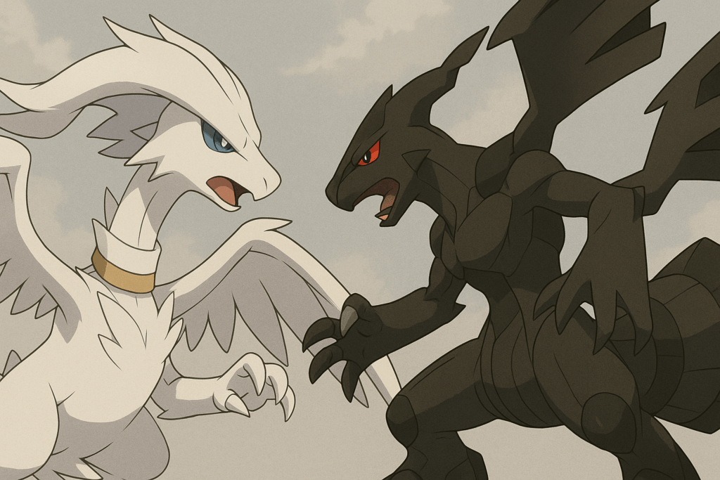 戦いを始めようとしているレシラムとゼクロム風モンスター