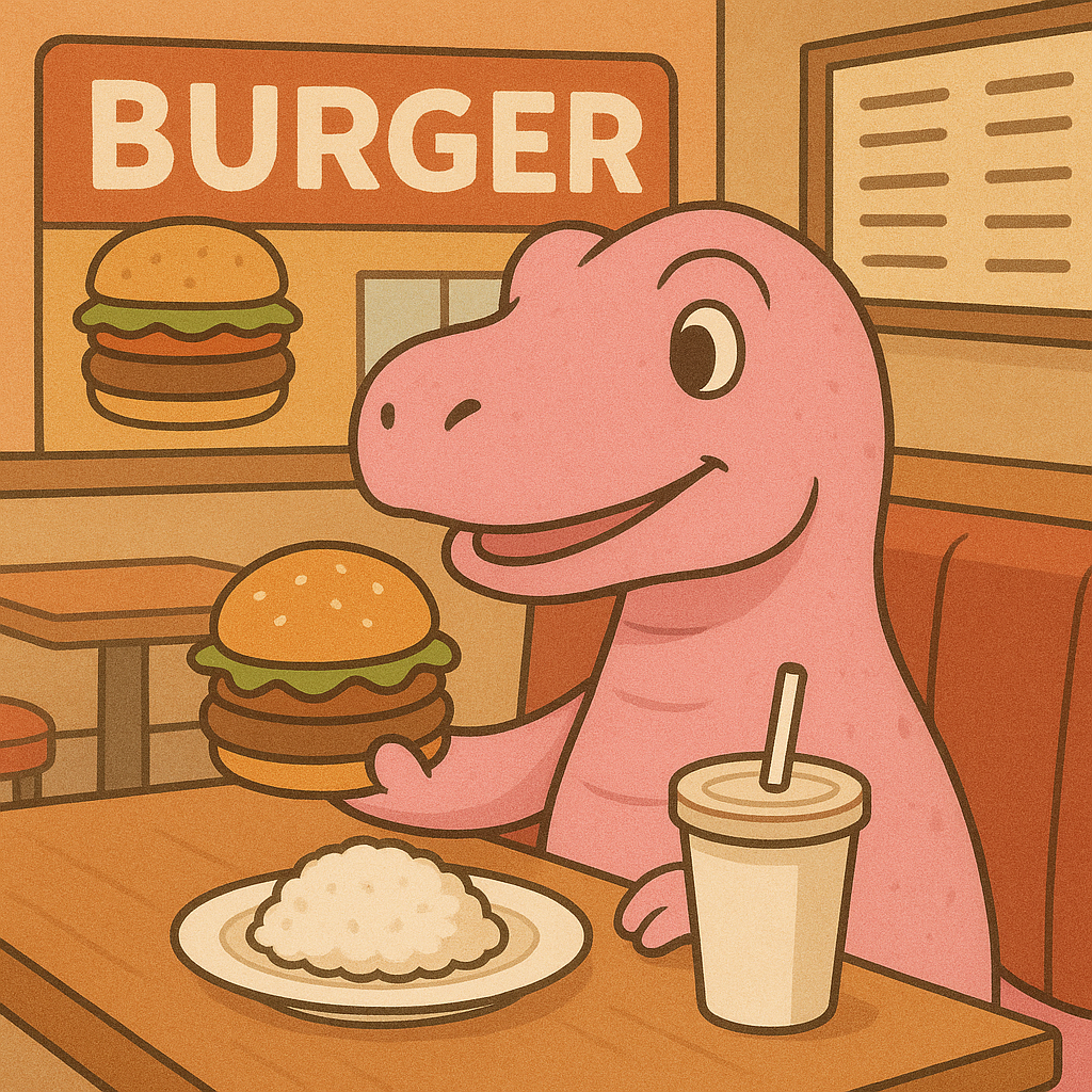 偽物のピンク色のアマルルガがハンバーガーを食べている風の画像