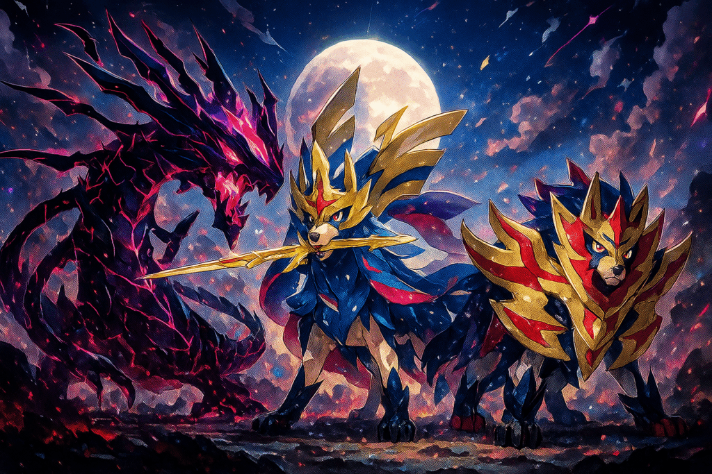 月をバックに佇むザシアンとザマゼンタとムゲンダイナ風モンスター