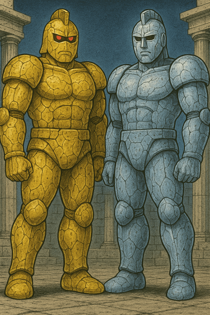 偽物のゴールドマンとシルバーマンが立っている画像