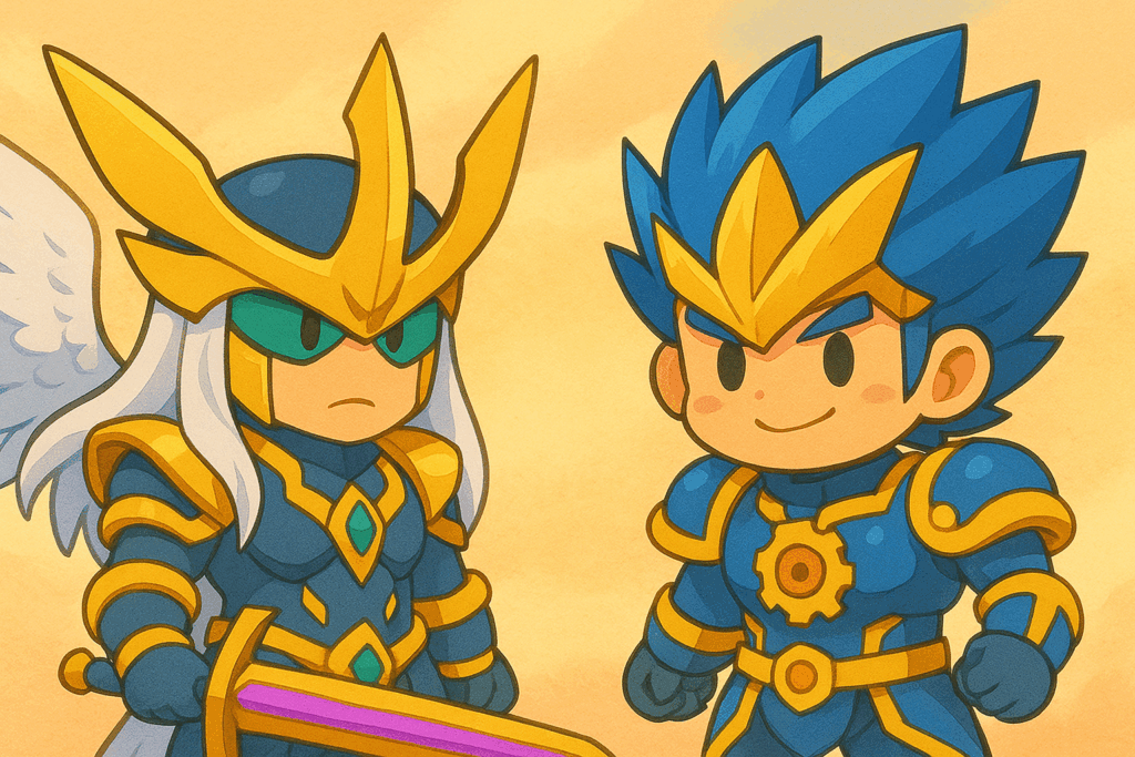 《闘門の精霊ウェルキウス》と《我我我ガイアール・ブランド》風キャラクターのイラスト