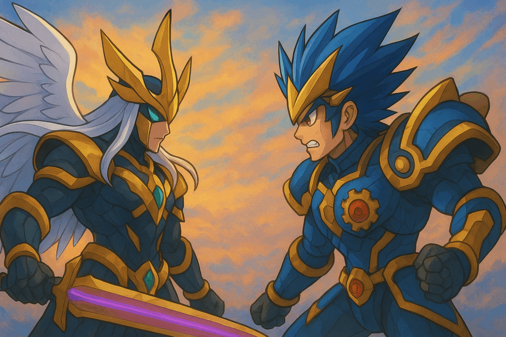 向き合っている《闘門の精霊ウェルキウス》と《我我我ガイアール・ブランド》風キャラクター