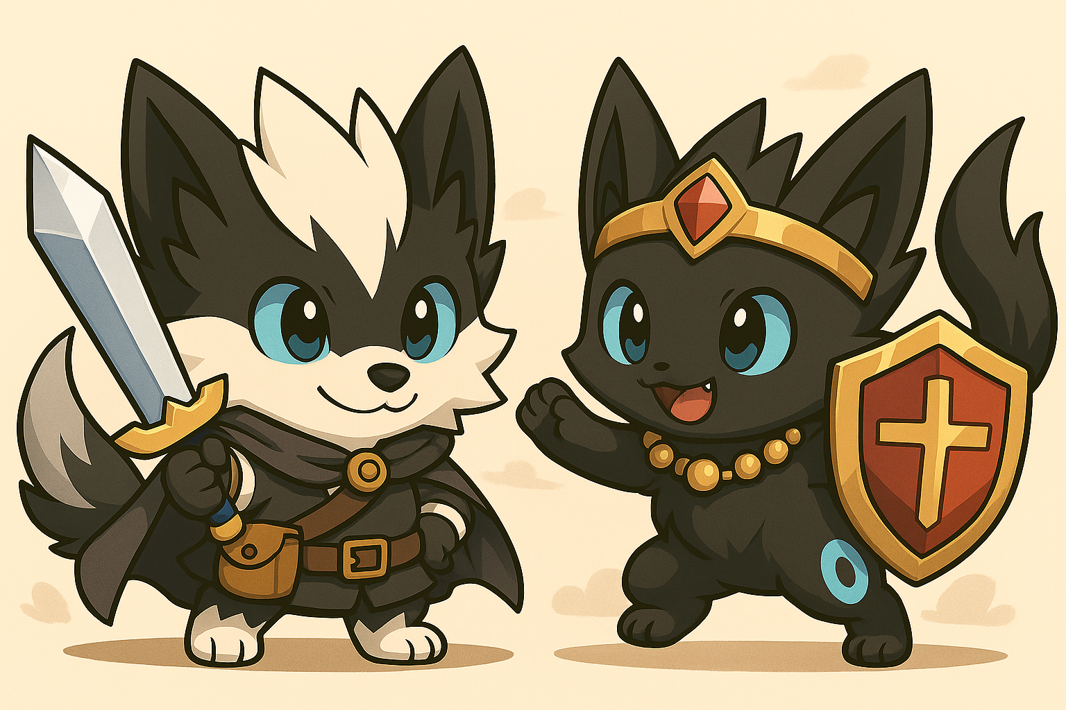 武器や防具を装備した白ガオウと黒ガオウ風キャラクター