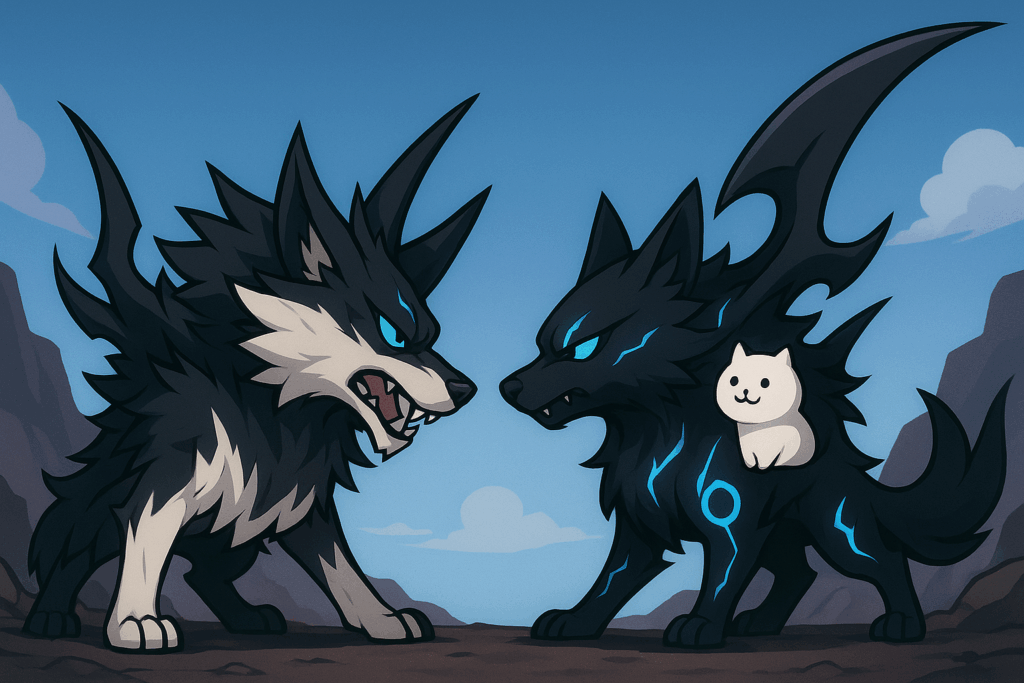 向かい合う白ガオウと黒ガオウ風キャラクター