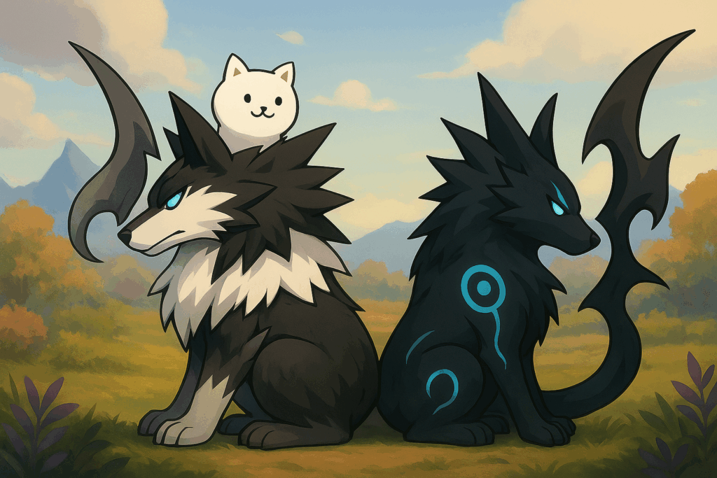 背中合わせの白ガオウと黒ガオウ風キャラクター