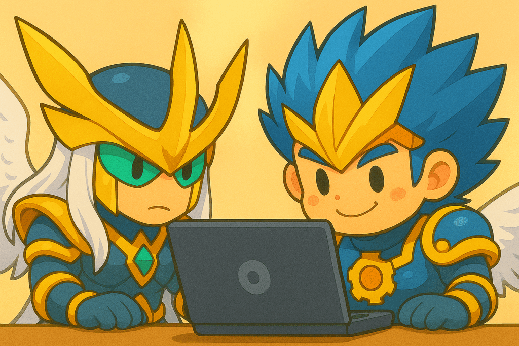 一緒にパソコンを覗き込んでいる《闘門の精霊ウェルキウス》と《我我我ガイアール・ブランド》風キャラクター