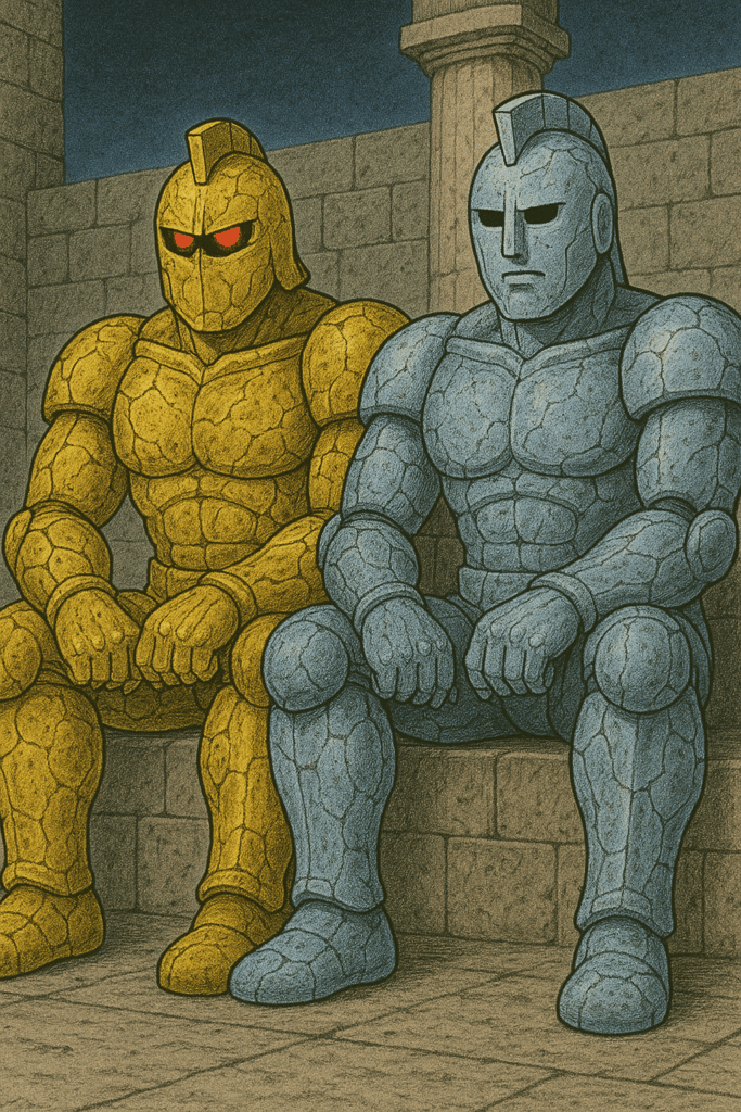 偽物のゴールドマンとシルバーマンが座っている画像