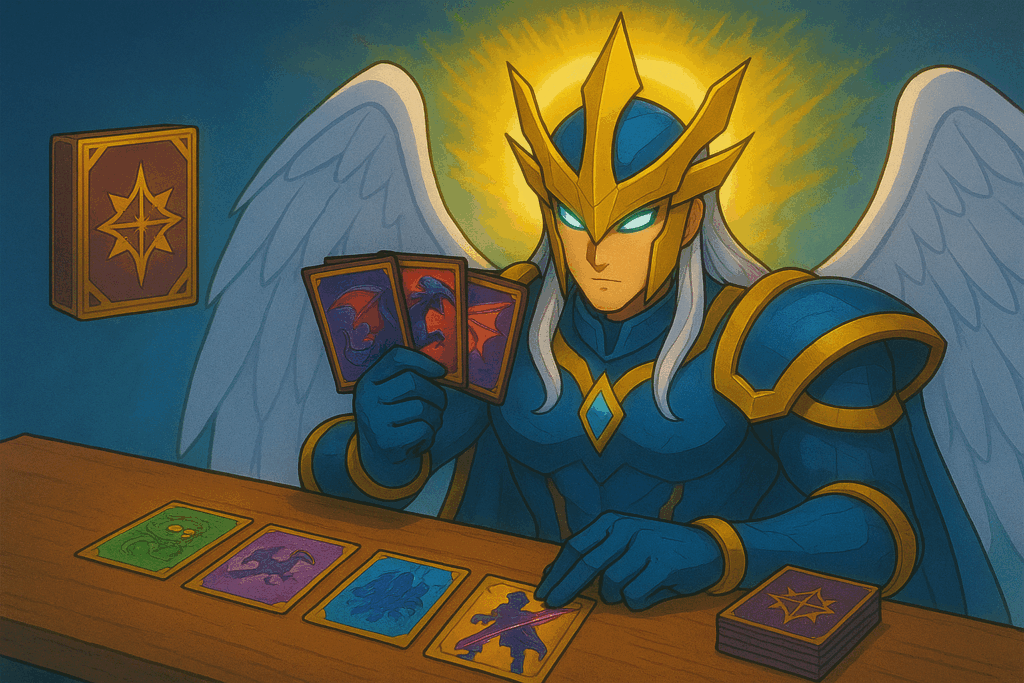 カードゲームをする《闘門の精霊ウェルキウス》風キャラクター