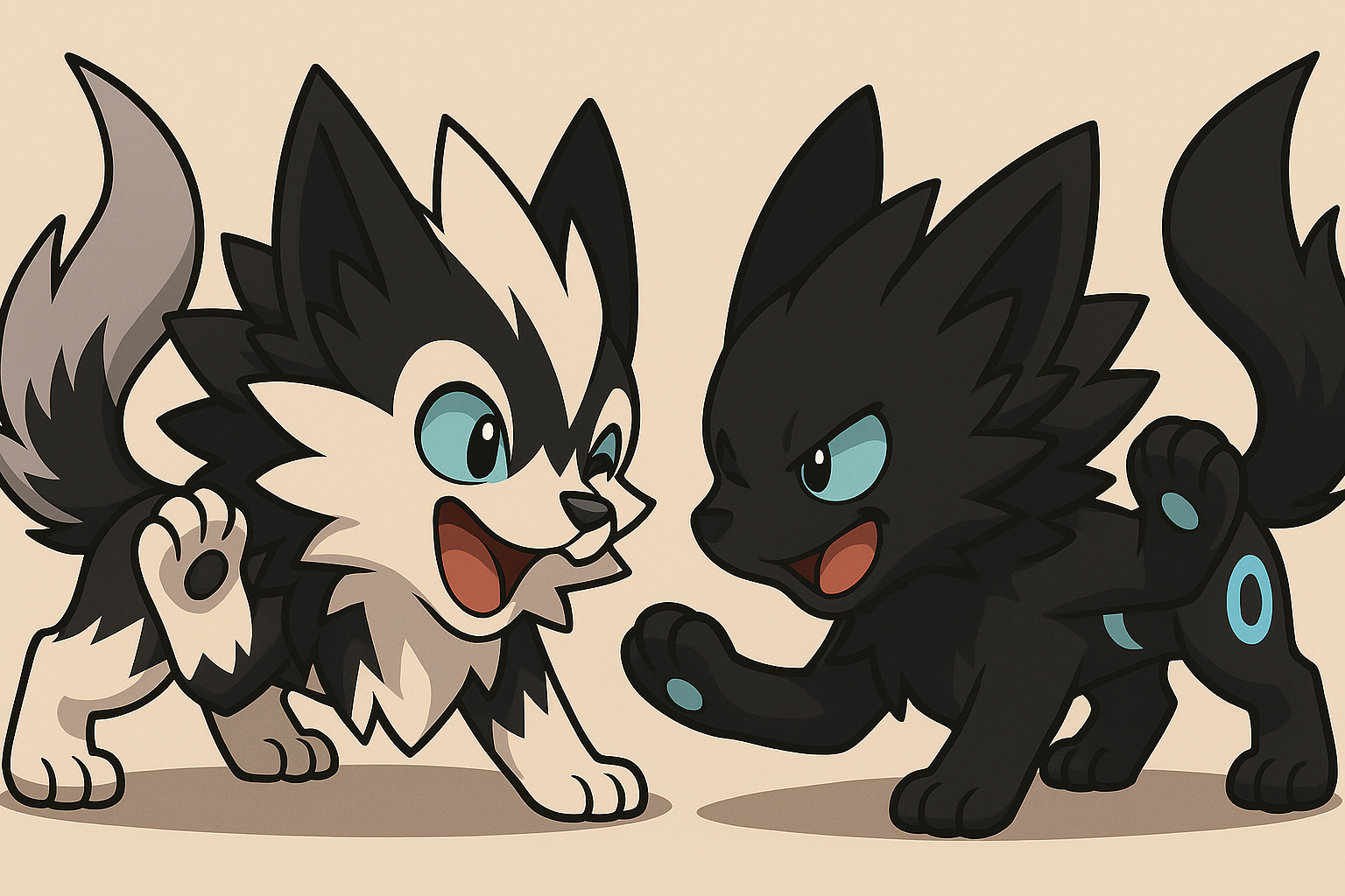 じゃれ合っている白ガオウと黒ガオウ風キャラクター