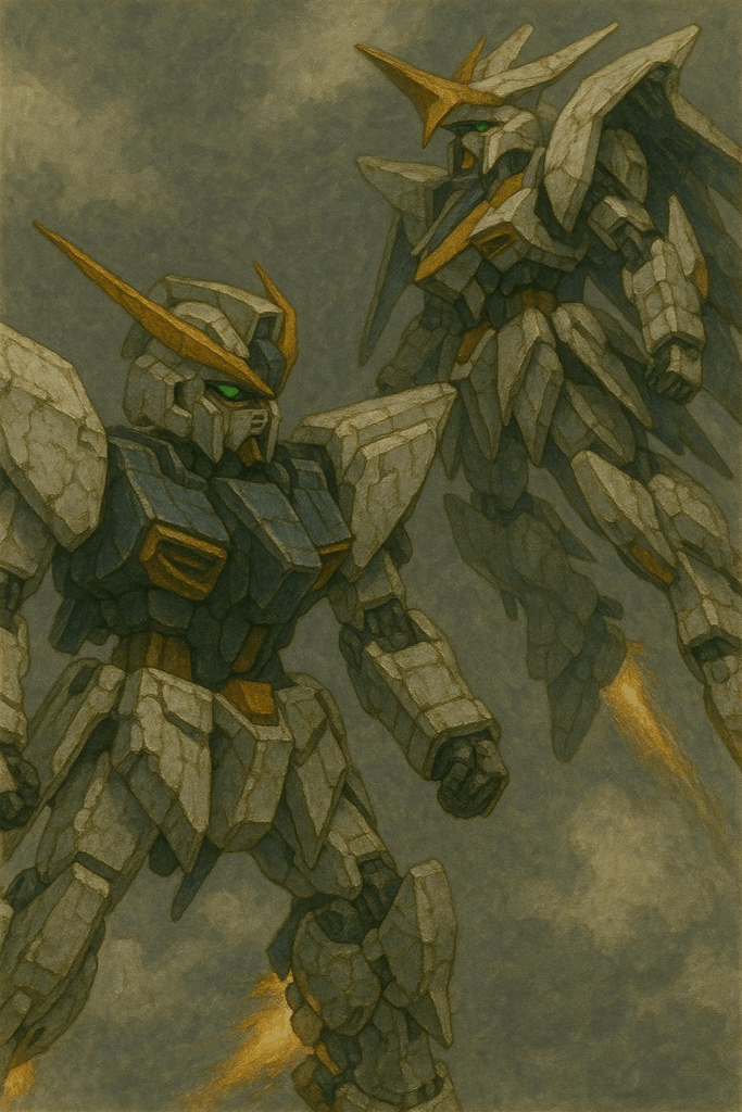 クスィーガンダムとペーネロペーが飛んでいる画像