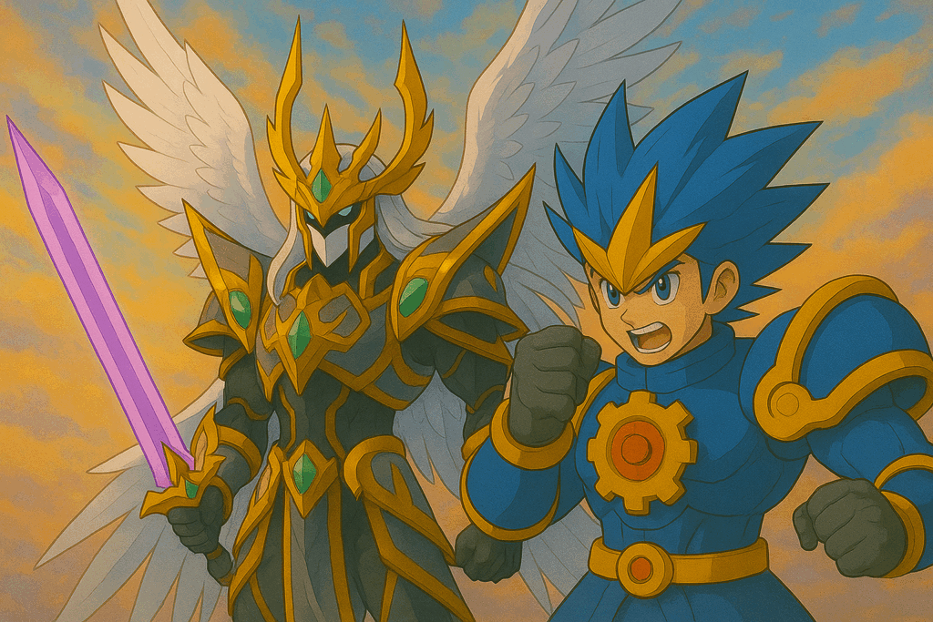 《闘門の精霊ウェルキウス》と《我我我ガイアール・ブランド》風キャラクターのイラスト