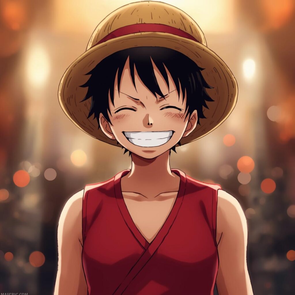 偽ルフィが麦わら帽子をかぶって赤いベストを着て笑っている画像
