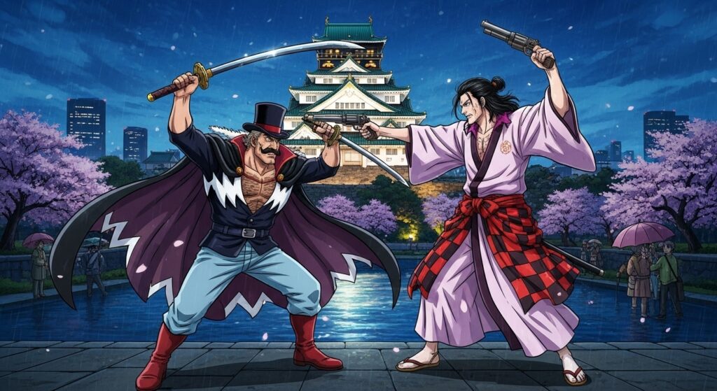 イゾウと二刀流のビスタが戦っているイメージ