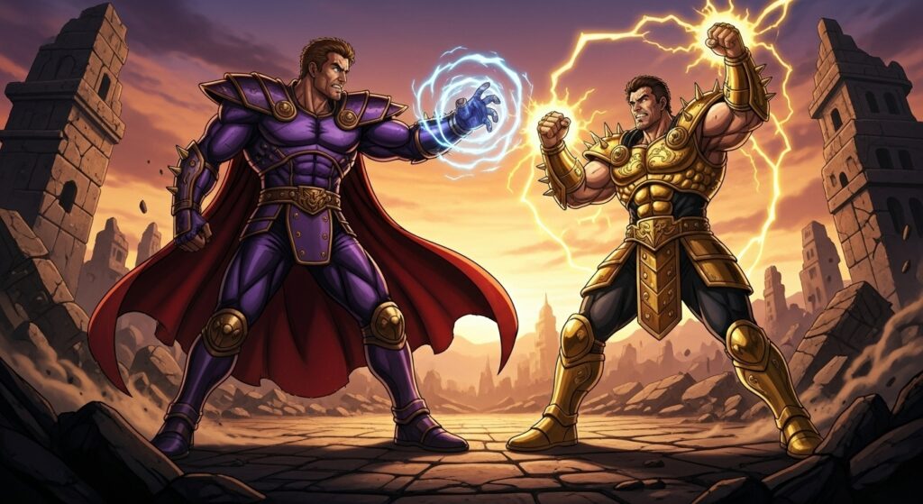 ラオウとサウザーがにらみ合って戦っているイメージ画像