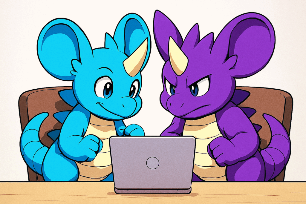 パソコンを覗き込むニドキングとニドクイン風モンスター