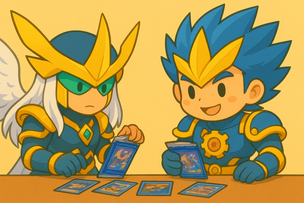 一緒にカードゲームのパックを開封している《闘門の精霊ウェルキウス》と《我我我ガイアール・ブランド》風キャラクター