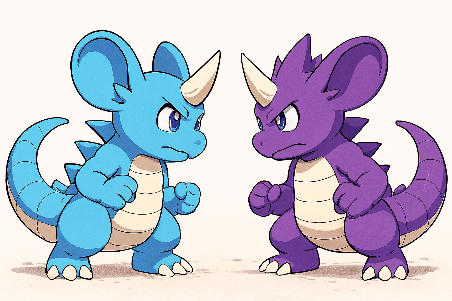 こぶしを握って向き合うニドキングとニドクイン風モンスター