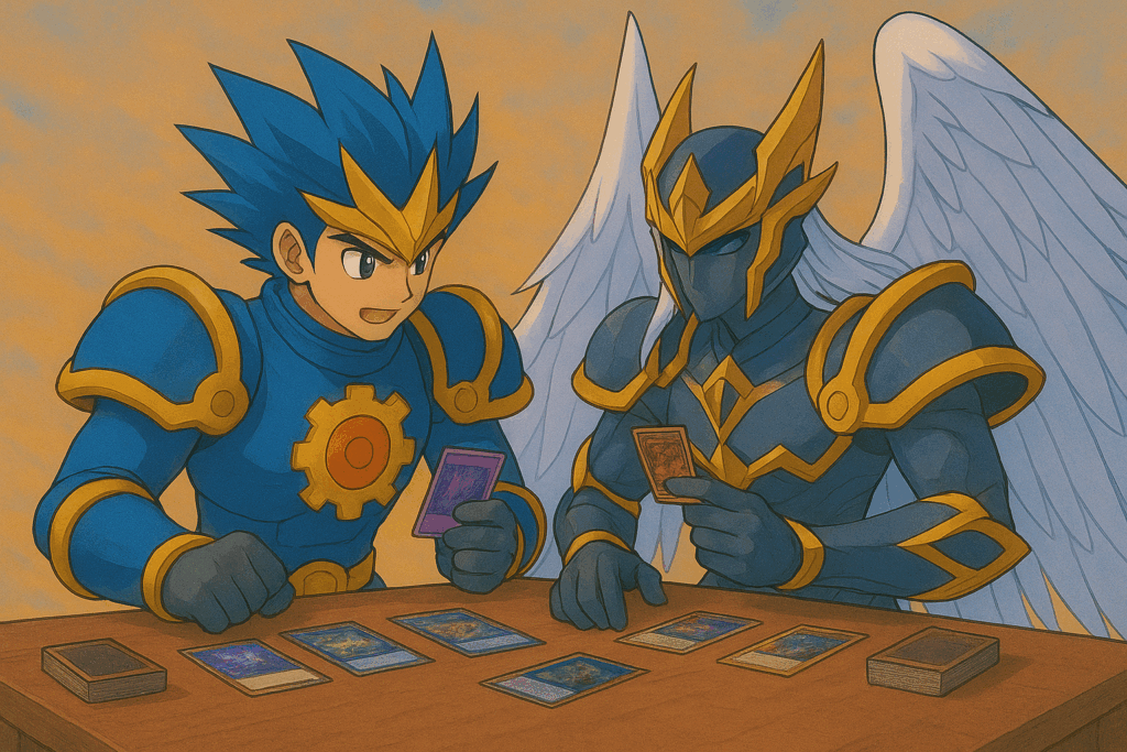 カードゲームをする《闘門の精霊ウェルキウス》と《我我我ガイアール・ブランド》風キャラクター