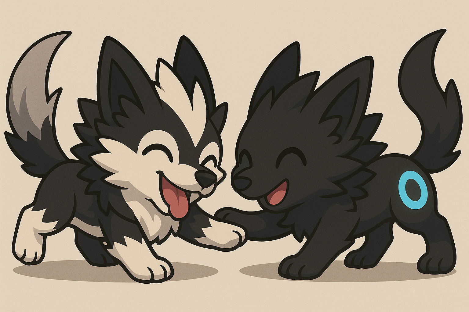 じゃれ合っている白ガオウと黒ガオウ風キャラクター