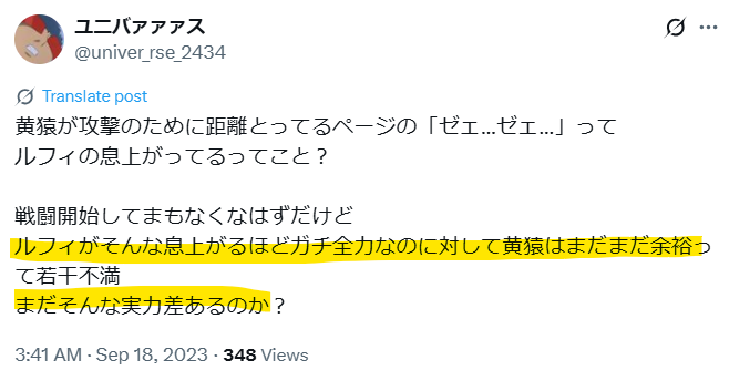 ルフィが息上がるくらい全力なのに黄猿は余裕そうというXの投稿画像。