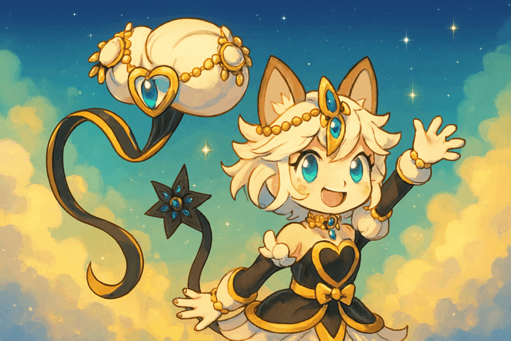 笑顔で片手を上げる白イズ風キャラクターのイラスト