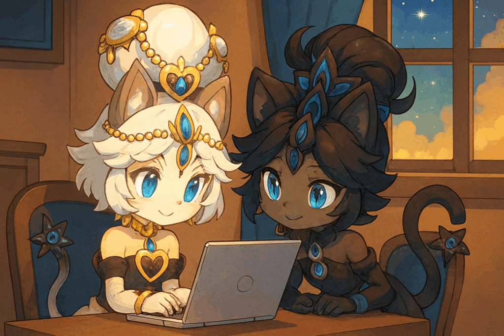 パソコンを覗き込む白イズと黒イズ風キャラクターのイラスト