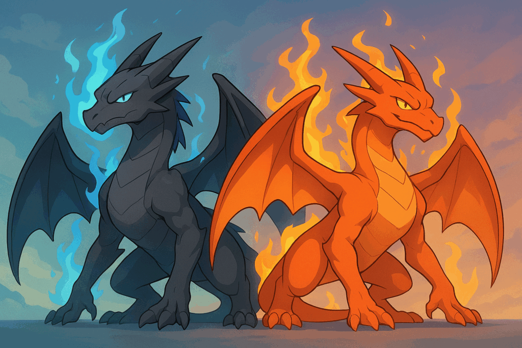 メガリザードンXとメガリザードンY風モンスターのイラスト