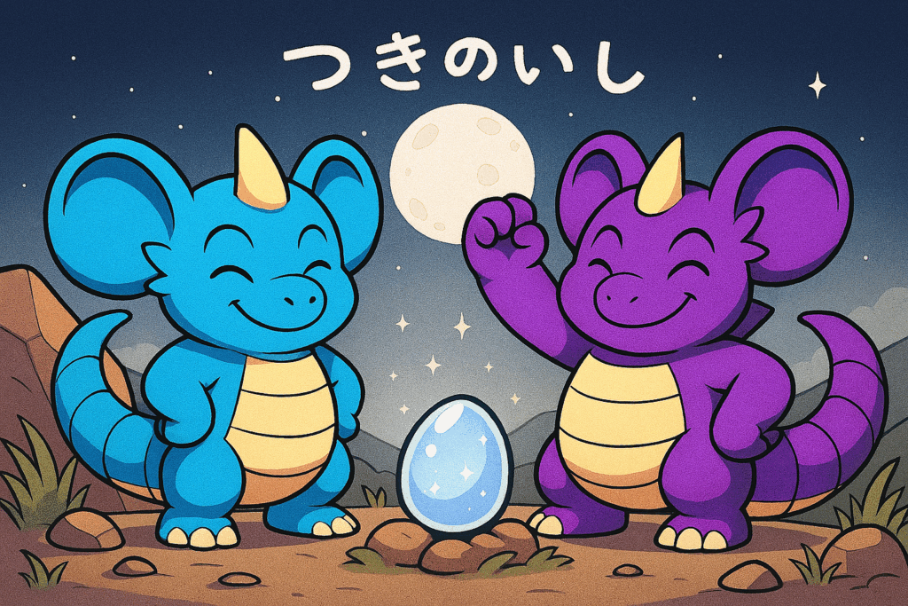 ニドキングとニドクイン風モンスターとつきのいしのイラスト