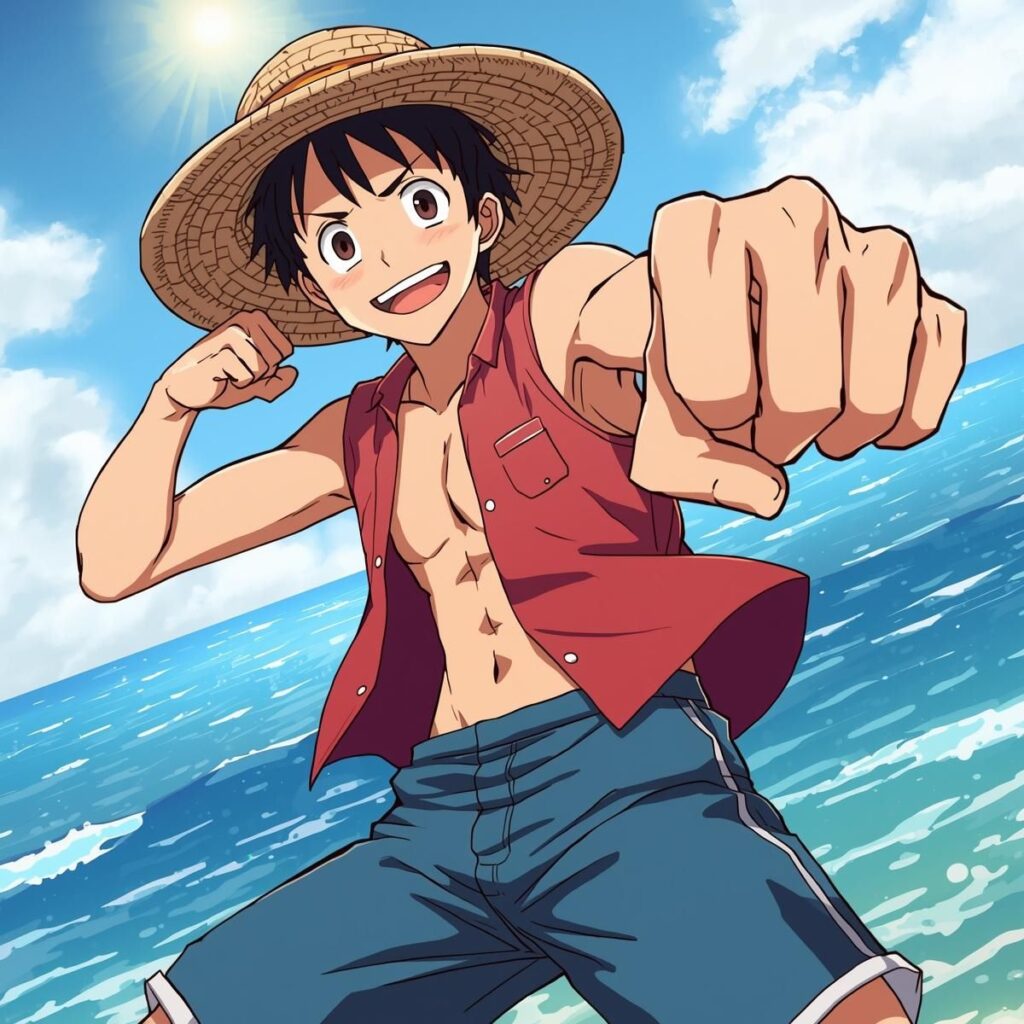 麦わら帽子を被り、赤いベストと青い半ズボンを着用した、笑顔の青年が、海を背景にパンチを繰り出しているアニメ調のイラスト