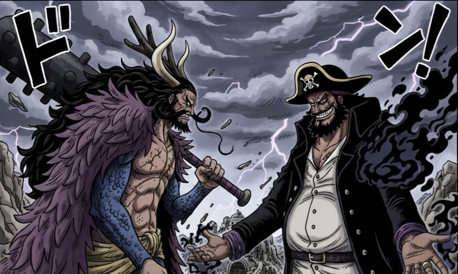 偽のカイドウと偽の黒ひげがにらみ合っている生成画像