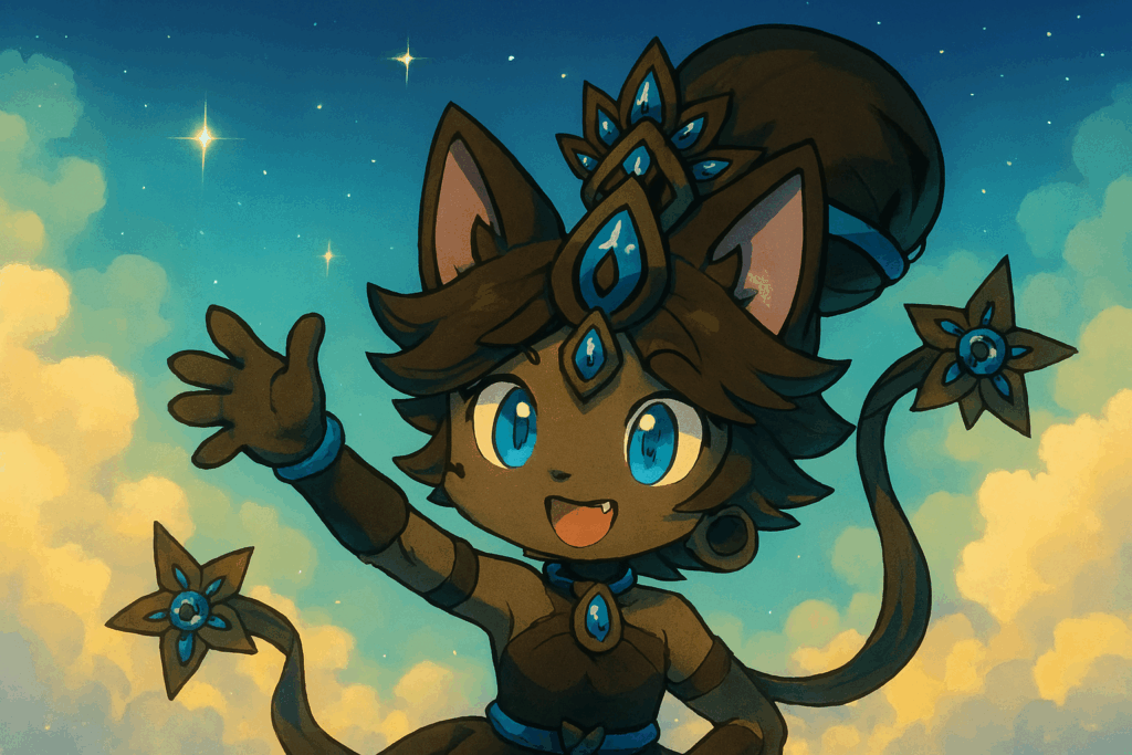 笑顔で片手を上げる黒イズ風キャラクターのイラスト