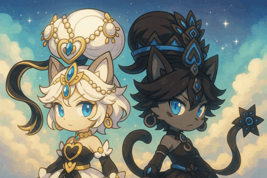 背中合わせでにらみ合う白イズと黒イズ風キャラクターのイラスト