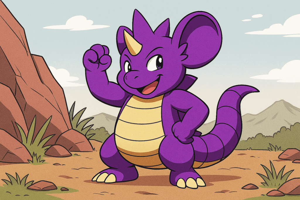 片腕を掲げるニドキング風モンスターのイラスト