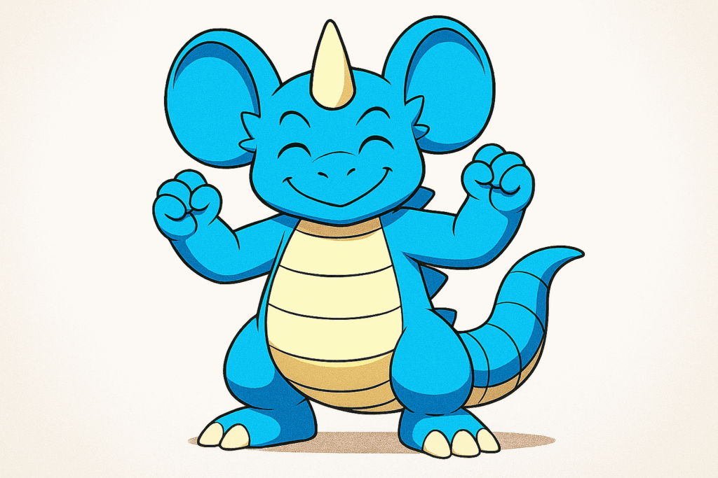 両手を上げて微笑んでいるニドクイン風モンスターのイラスト