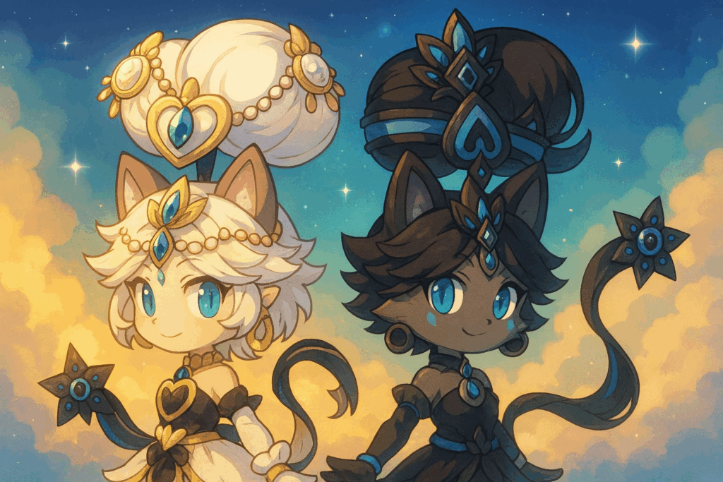 背中合わせで微笑む白イズと黒イズ風キャラクターのイラスト