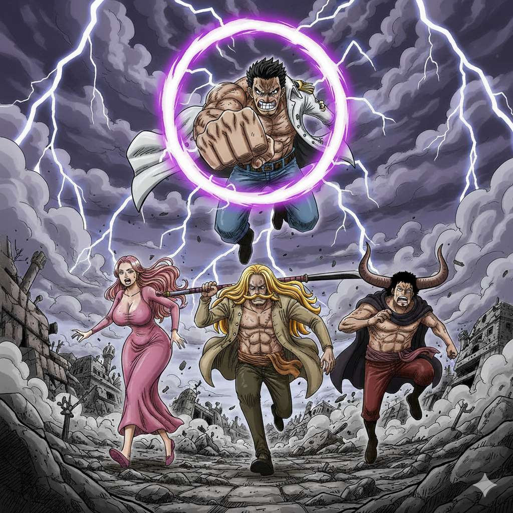 ゴッドバレーで全盛期のガープがシャーロット・リンリン、ニューゲート、カイドウを追いかけているイメージ図